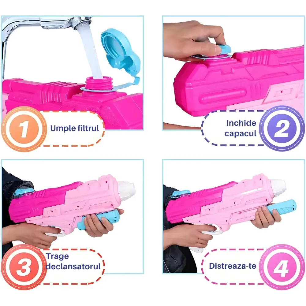 Pistol cu apa Macvi® roz, jucarie plaja/piscina, rezervor 1250 ml, PVC premium, ergonomic, +6 ani, dezvolta coordonarea si dexteritatea - imagine 5