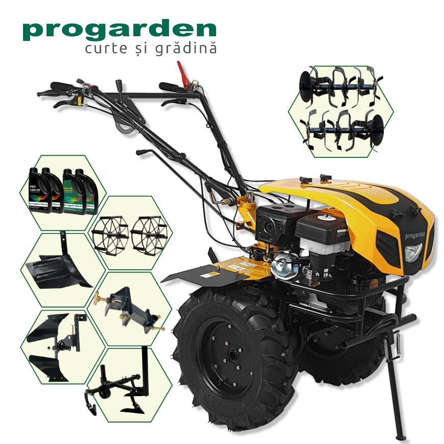 ProGARDEN Pachet Campo 1844 Motocultor 18CP + Plug bilonat + Plug reversibil + Prasitoare + Adaptor +  2 roti metalice 540×170 + 4L Ulei