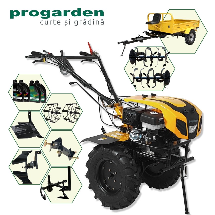 ProGARDEN Pachet Campo 1844 Motocultor 18CP + Remorca RM600C + Plug bilonat + Plug reversibil + Prasitoare + Adaptor +  2 roti metalice 540×170 + 4L Ulei