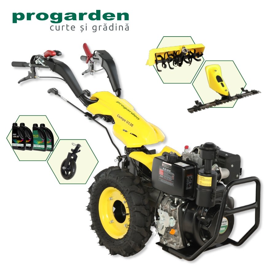ProGARDEN Pachet Campo U12E Motocultor 12CP +  BC120M Bara cosire 120cm + Roata sustinere + FT90 Freza tractata 90cm + 4L Ulei