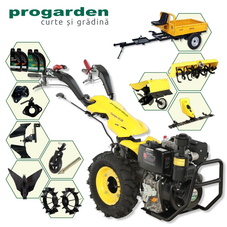 ProGARDEN Pachet Campo U12E Motocultor 12CP + RM500C Remorca 500Kg + BC120M Bara cosire + 3xPlug + FT90 Freza tractata + 2xRoti metalice RM47 + 2xCuple + 4L Ulei