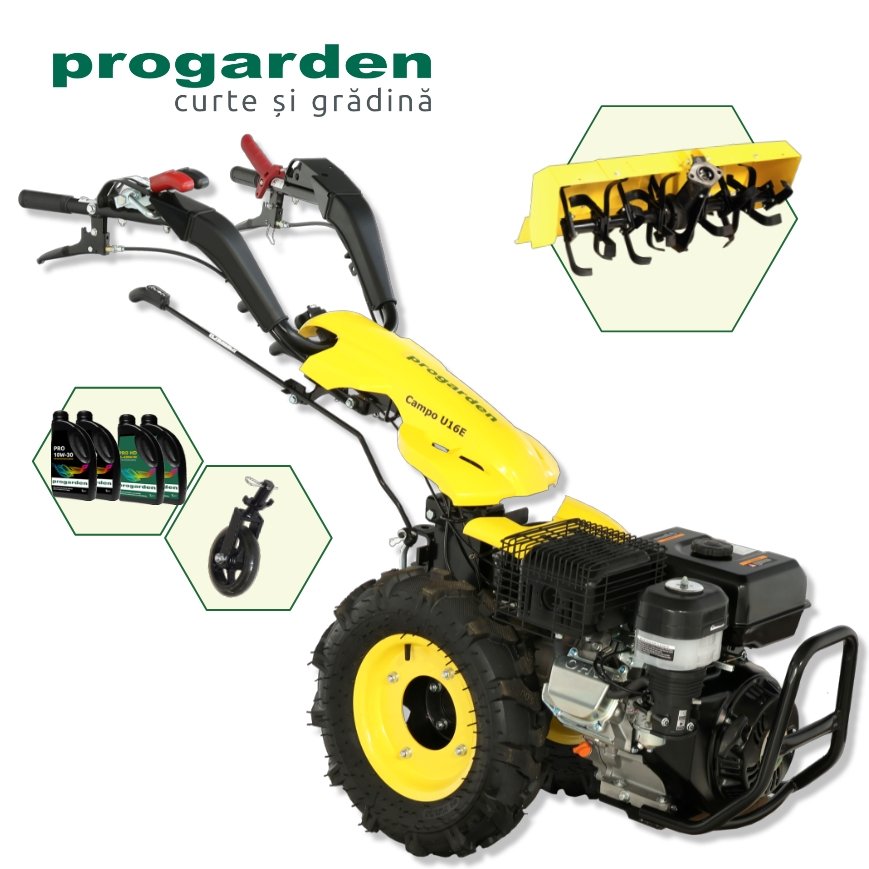 ProGARDEN Pachet Campo U16E Motocultor 14CP + Roata sustinere + Freza tractata FT90 + 4L Ulei