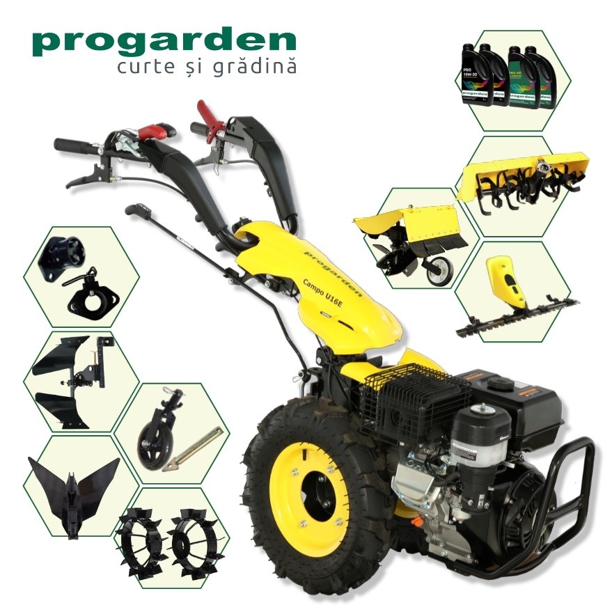 ProGARDEN Pachet Campo U16E Motocultor 14CP + BC120M Bara cosire + 3xPlug + FT90 Freza tractata + 2xRoti metalice RM47 + 2xCuple + 4L Ulei