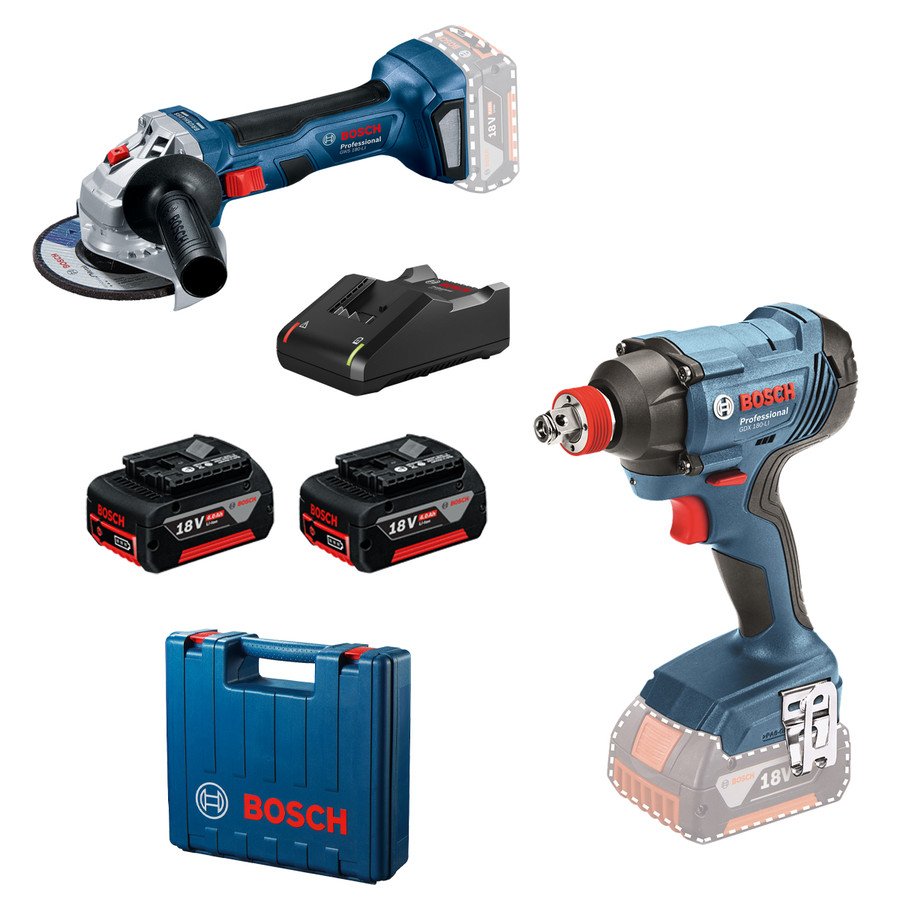 Bosch GDX180-LI Masina de gaurit cu percutie + GWS180-LI Polizor unghiular + 2xacumulatori 4Ah, GBA 18V + incarcator GAL18V-40 + cutie de transport
