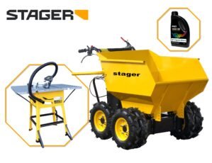 Pachet Stager RMT500 roaba cu motor termic 6.5CP, 500kg, 6 roti + FCM1600 Masa taiere cu ferastrau circular 1600W, 220V, 250mm + 1L ulei