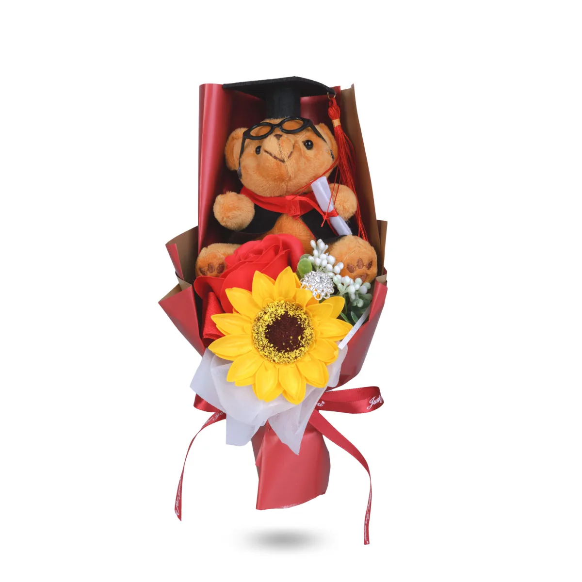 Cadou Absolvire cu Ursulet Graduation si Floarea-Soarelui in Cutie Cadou Transparenta, 14 × 10,5 × 26 cm, Decorațiune Gift Box Roz/Maro/Alb - imagine 3