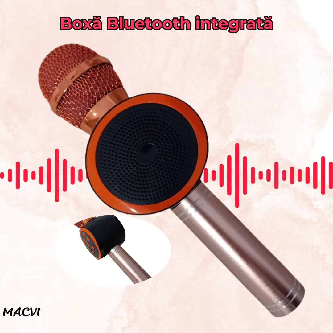 Microfon Karaoke Wireless Macvi® cu Boxa si Bluetooth V11, Portabil, Difuzor Profesional, Baterie Integrata, Roz Gold - imagine 5