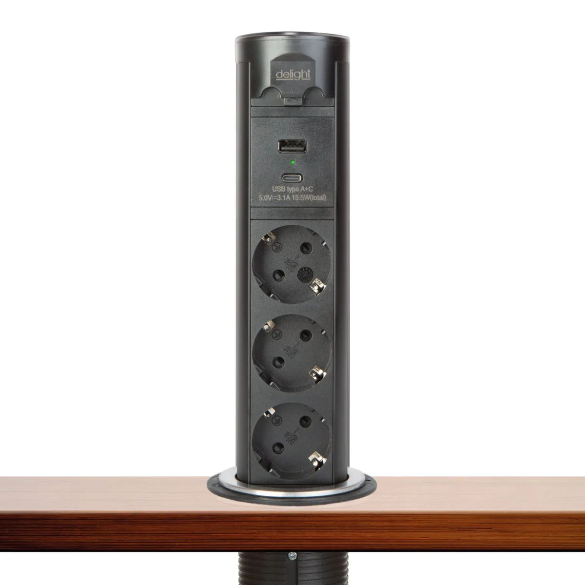 Priza retractabila Touch cu motor, 3 prize Schuko, USB A+C, 16A, negru
