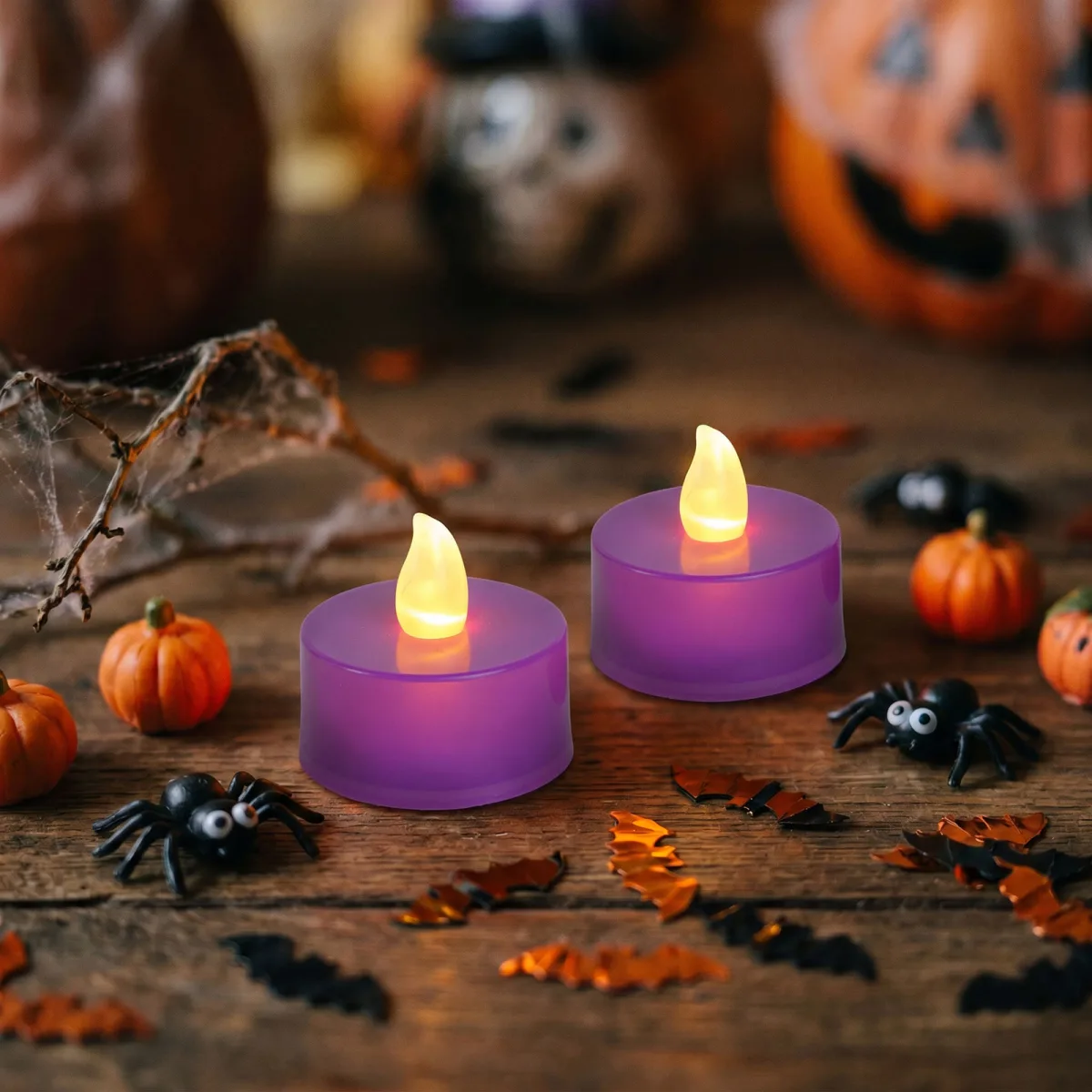 Set 2 lumanari LED tip pastila Halloween, lumina alb cald, baterii incluse, mov
