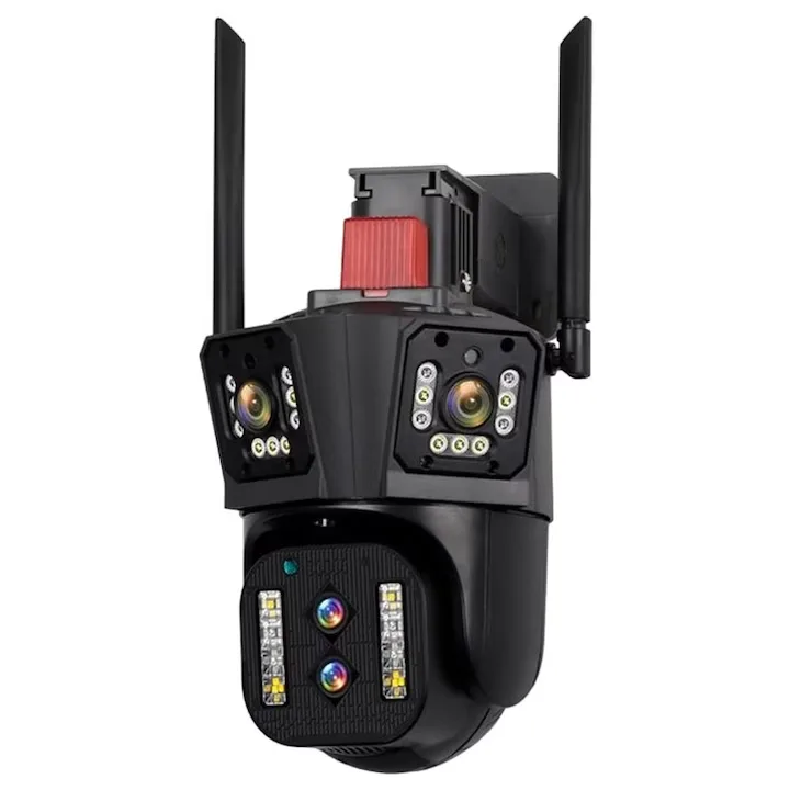 Camera Supraveghere WiFi Tripla Macvi® 4MP HD IP66 Rotire Inteligenta Zoom 4X Vedere Nocturna Color Audio Bidirectional Alarma