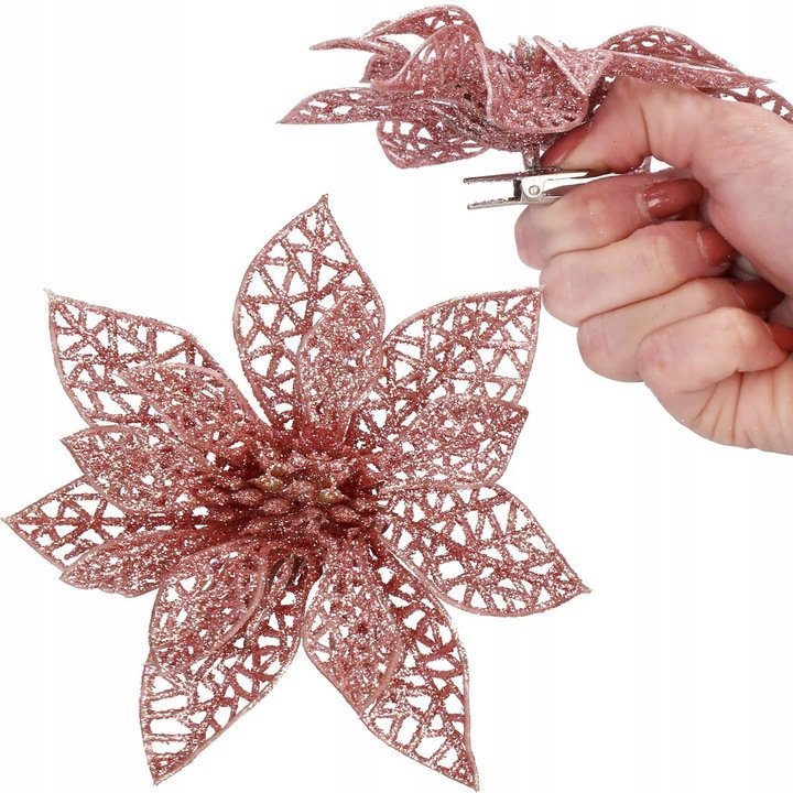 Set 10 ornamente pentru bradul de Craciun, stea Poinsettia, 10cm, roz 4 Set 10 ornamente pentru bradul de Craciun, stea Poinsettia, 10cm, roz - imagine 4