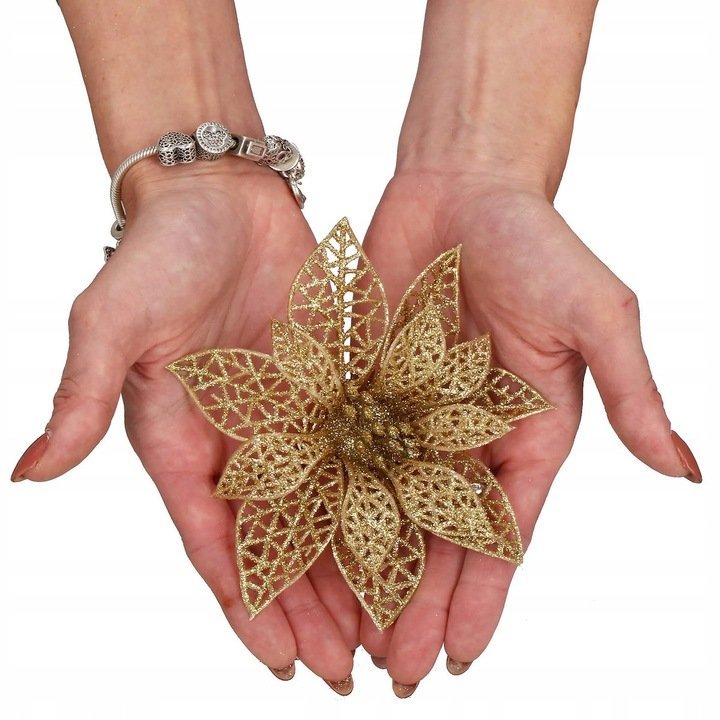 Set 10 ornamente pentru bradul de Craciun, stea Poinsettia, 14cm, auriu 2 Set 10 ornamente pentru bradul de Craciun, stea Poinsettia, 14cm, auriu - imagine 2