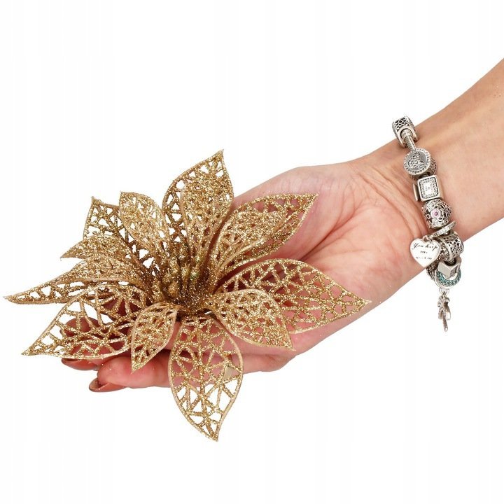 Set 10 ornamente pentru bradul de Craciun, stea Poinsettia, 14cm, auriu 4 Set 10 ornamente pentru bradul de Craciun, stea Poinsettia, 14cm, auriu - imagine 4