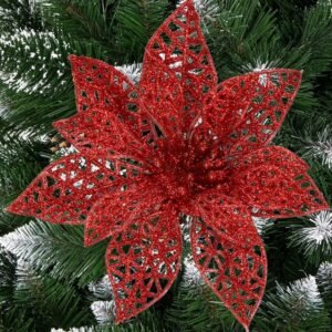 Set 10 ornamente pentru bradul de Craciun, stea Poinsettia, 10cm, rosu