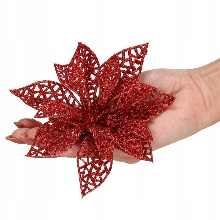 Set 10 ornamente pentru bradul de Craciun, stea Poinsettia, 10cm, rosu 4 Set 10 ornamente pentru bradul de Craciun, stea Poinsettia, 10cm, rosu - imagine 4