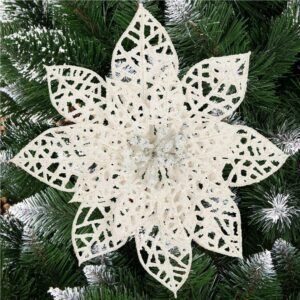 Set 10 ornamente pentru bradul de Craciun, stea Poinsettia, 14cm, alb cu sclipici