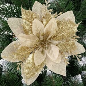 Set 10 ornamente pentru bradul de Craciun, stea Poinsettia, 13cm, auriu crem