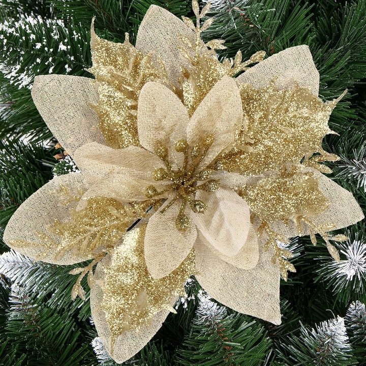 Set 10 ornamente pentru bradul de Craciun, stea Poinsettia, 13cm, auriu crem 1 Set 10 ornamente pentru bradul de Craciun, stea Poinsettia, 13cm, auriu crem