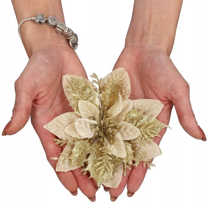 Set 10 ornamente pentru bradul de Craciun, stea Poinsettia, 13cm, auriu crem 2 Set 10 ornamente pentru bradul de Craciun, stea Poinsettia, 13cm, auriu crem - imagine 2