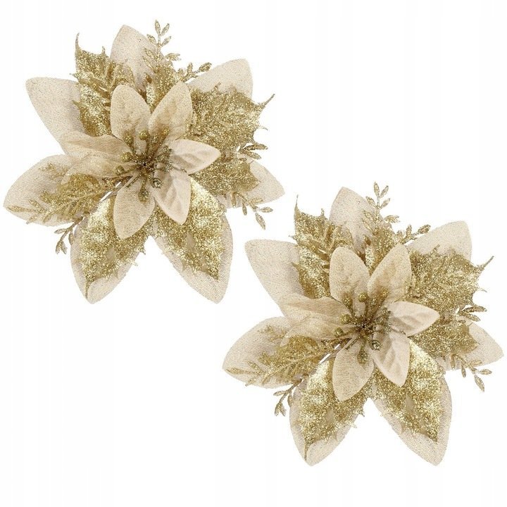 Set 10 ornamente pentru bradul de Craciun, stea Poinsettia, 13cm, auriu crem 3 Set 10 ornamente pentru bradul de Craciun, stea Poinsettia, 13cm, auriu crem - imagine 3