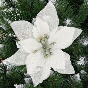 Set 10 ornamente pentru bradul de Craciun, stea Poinsettia, 13cm, gri argintiu