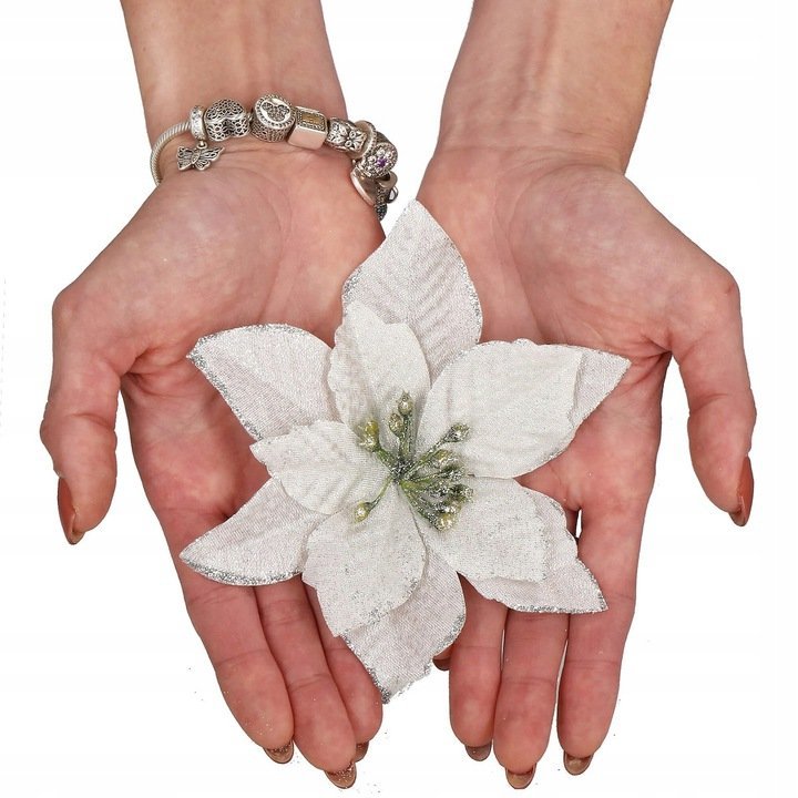 Set 10 ornamente pentru bradul de Craciun, stea Poinsettia, 13cm, gri argintiu 2 Set 10 ornamente pentru bradul de Craciun, stea Poinsettia, 13cm, gri argintiu - imagine 2