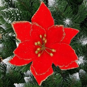 Set 10 ornamente pentru bradul de Craciun, stea Poinsettia, 13cm, rosu cu sclipici
