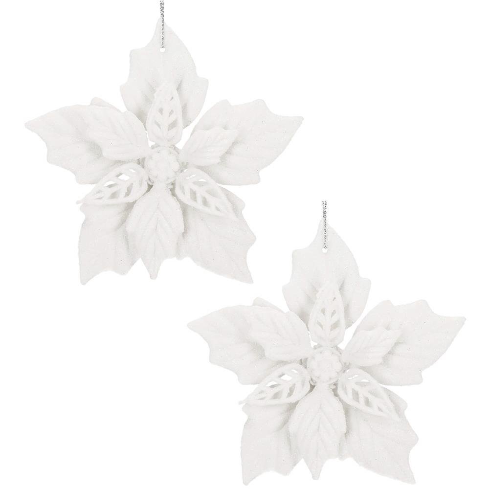 Set 10 flori de Craciun 12 cm, ornamente cu sclipici, plastic, alb 2 Set 10 flori de Craciun 12 cm, ornamente cu sclipici, plastic, alb - imagine 2