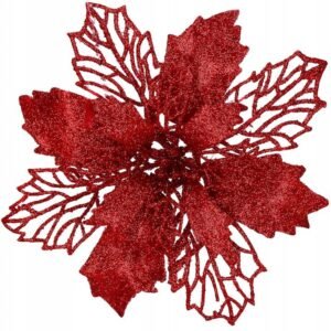 Set 10 ornamente pentru bradul de Craciun, stea Poinsettia, 16cm, visiniu