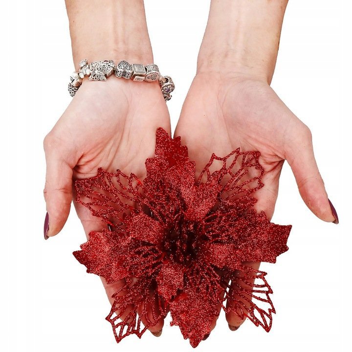 Set 10 ornamente pentru bradul de Craciun, stea Poinsettia, 16cm, visiniu 2 Set 10 ornamente pentru bradul de Craciun, stea Poinsettia, 16cm, visiniu - imagine 2