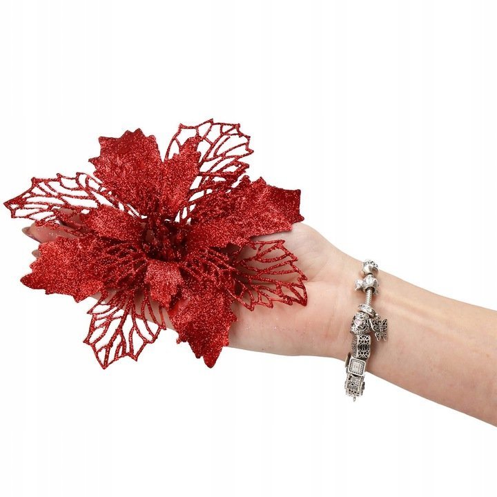 Set 10 ornamente pentru bradul de Craciun, stea Poinsettia, 16cm, visiniu 3 Set 10 ornamente pentru bradul de Craciun, stea Poinsettia, 16cm, visiniu - imagine 3