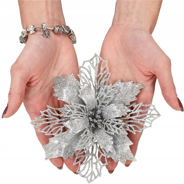 Set 10 ornamente pentru bradul de Craciun, stea Poinsettia, 16cm, argintiu 2 Set 10 ornamente pentru bradul de Craciun, stea Poinsettia, 16cm, argintiu - imagine 2