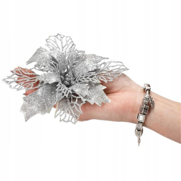 Set 10 ornamente pentru bradul de Craciun, stea Poinsettia, 16cm, argintiu 4 Set 10 ornamente pentru bradul de Craciun, stea Poinsettia, 16cm, argintiu - imagine 4