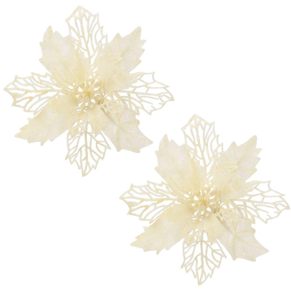 Set 10 ornamente pentru bradul de Craciun, stea Poinsettia, 16cm, crem 2 Set 10 ornamente pentru bradul de Craciun, stea Poinsettia, 16cm, crem - imagine 2