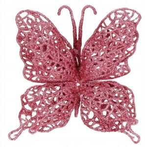 Set 10 ornamente pentru bradul de Craciun, Fluture cu sclipici, 16cm, roz