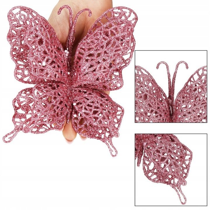 Set 10 ornamente pentru bradul de Craciun, Fluture cu sclipici, 16cm, roz 4 Set 10 ornamente pentru bradul de Craciun, Fluture cu sclipici, 16cm, roz - imagine 4