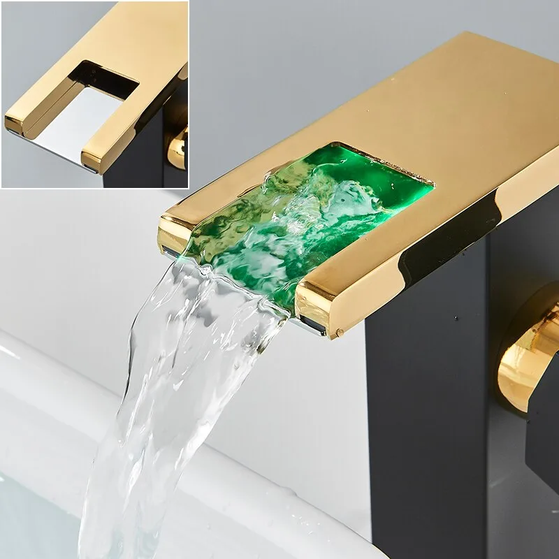 Robinet baie Macvi® LED tip cascada Negru-Auriu, premium jet RGB cu iluminare in functie de temperatura constructie din alama - imagine 5