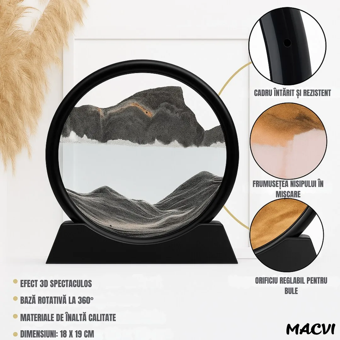 Obiect decorativ Macvi® cu efect 3D din nisip, masa rotativa 360°, baza din plastic, sticla si nisip, 18x19 cm, Negru - imagine 5