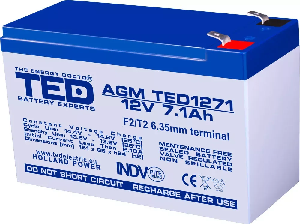 Acumulator AGM VRLA 12V 7.1A 151x65x95mm F2 TED Holland
