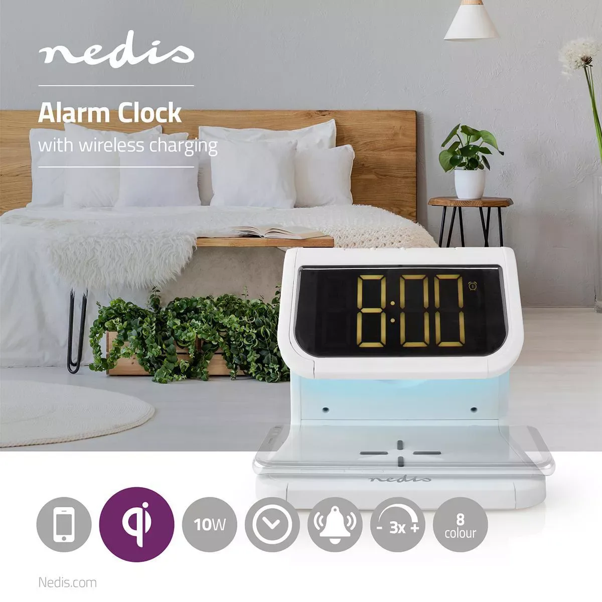 Ceas cu alarma Nedis incarcator wireless Qi lumina multicolora alb - imagine 16