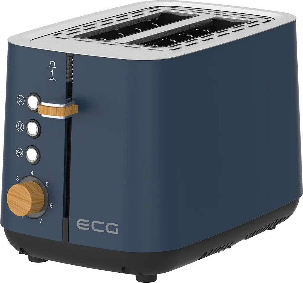 Prajitor de paine ECG ST 2768 Timber Petrol, 925 W, 2 felii, 7 trepte, otel inoxidabil, elemente din lemn, albastru indigo