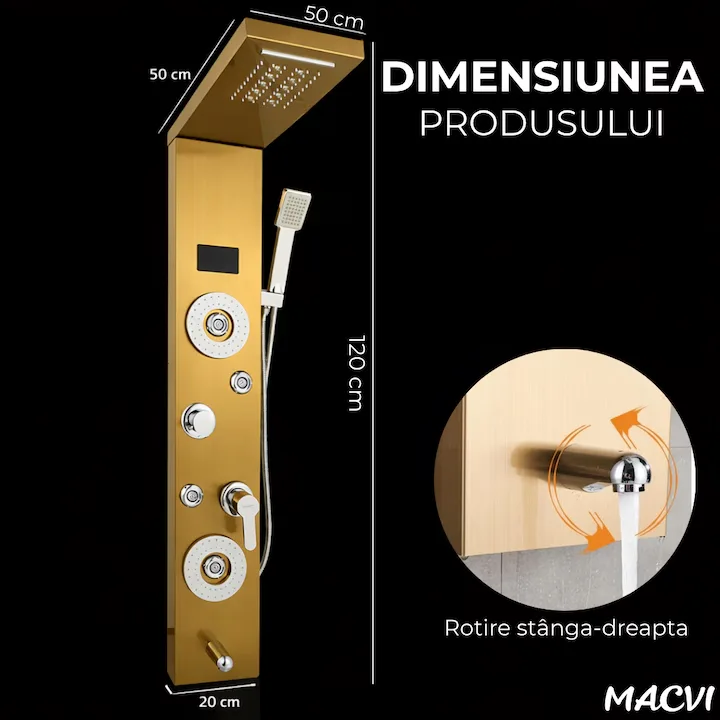 Panou dus Macvi® hidromasaj 5 functii LED digital inox auriu satin 120 cm, afisaj temperatura anticalcar dus tip ploaie cascada, para mobila, jeturi masaj baie, premium - imagine 3