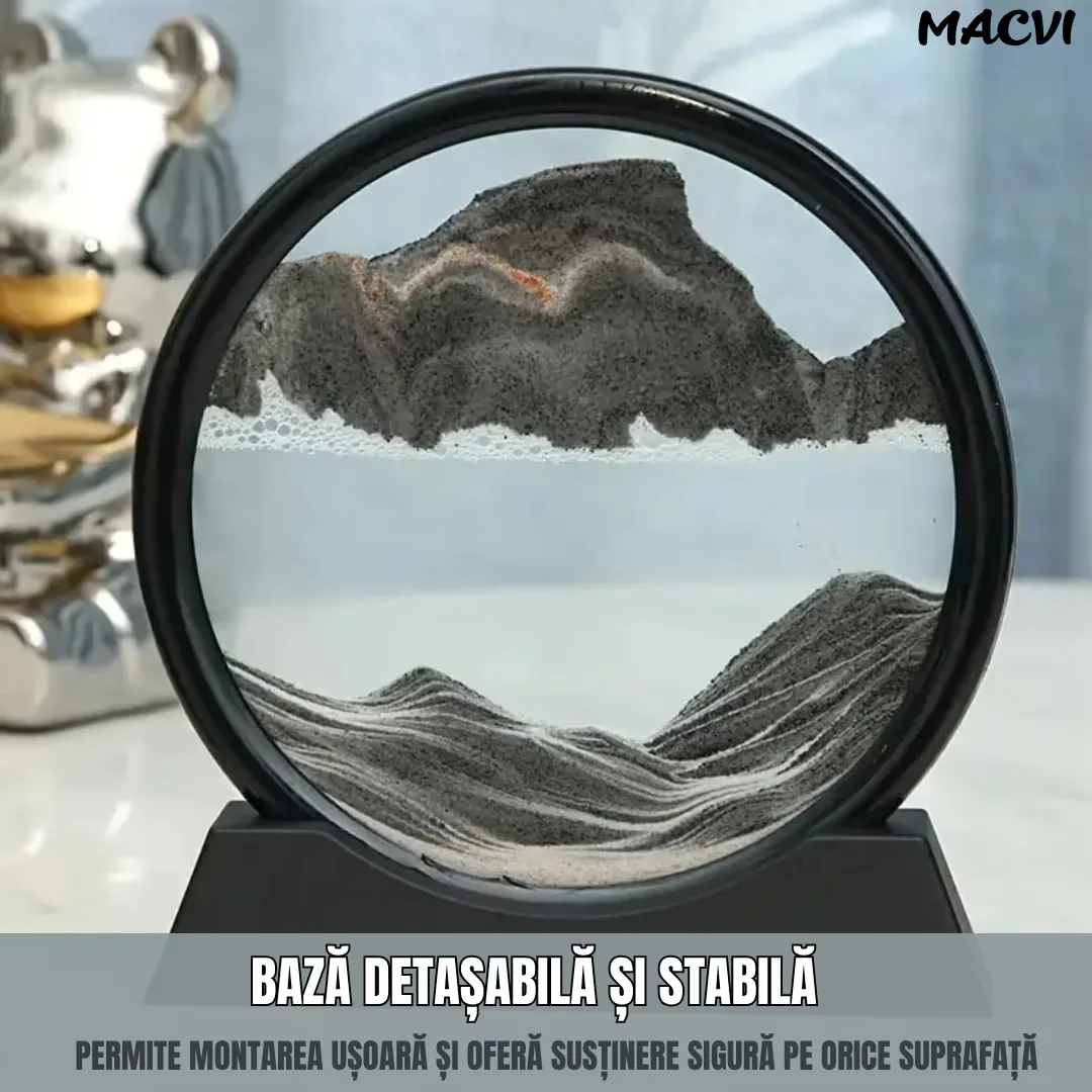 Obiect decorativ Macvi® cu efect 3D din nisip, masa rotativa 360°, baza din plastic, sticla si nisip, 18x19 cm, Negru - imagine 3