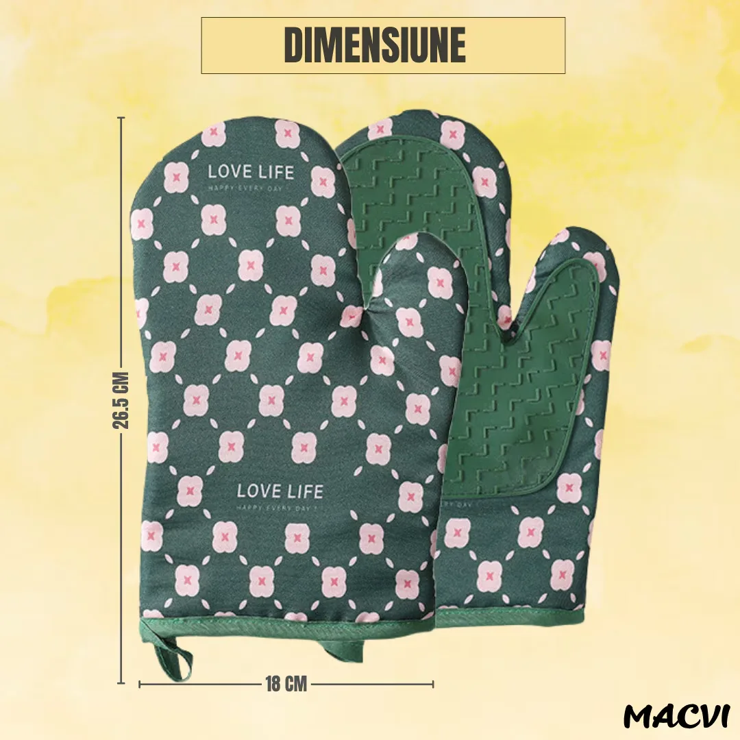 Set 2 manusi pentru cuptor sau gratar Macvi®, rezistenta pana la 350°C, umplutura din lana, material textil si cauciuc, model verde - imagine 4