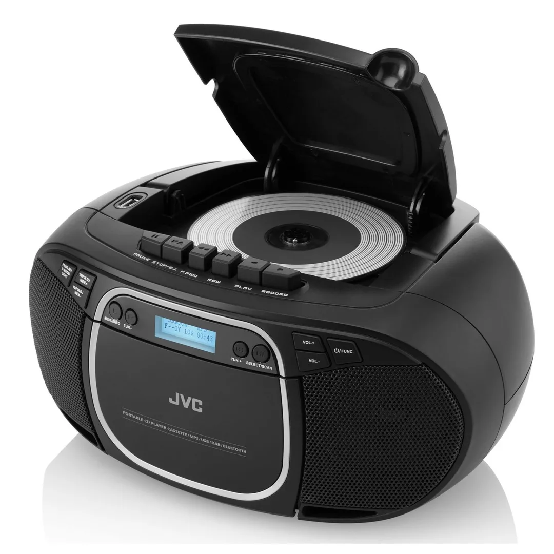 Radiocasetofon cu player CD JVC RC-E561B-DAB, 2 x 1.5 W RMS, Bluetooth/USB/MP3, AUX IN, DAB+/Tuner FM, negru
