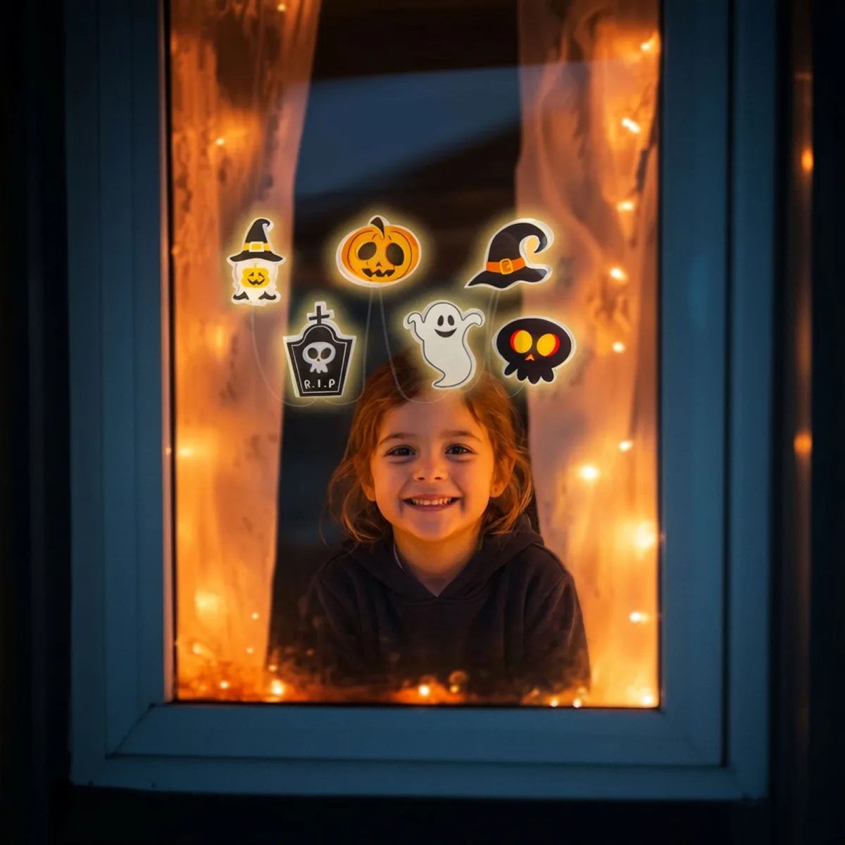 Decoratiune fereastra LED Halloween forme multiple gel 85 cm, lumina alba calda