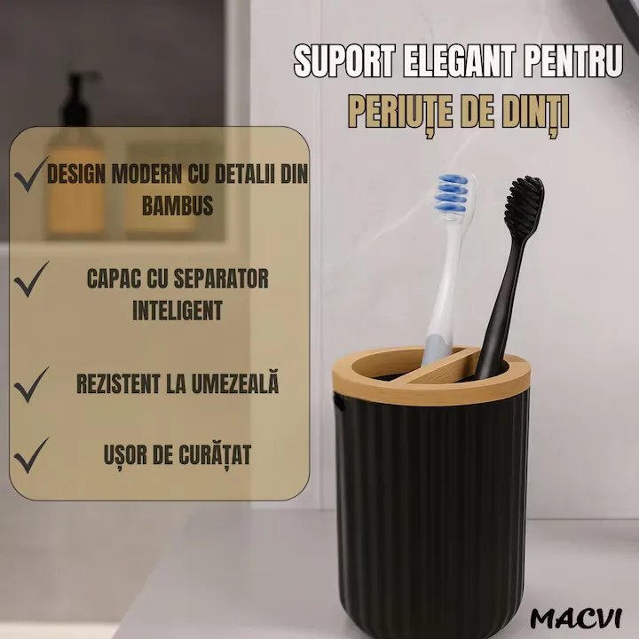 Set Baie Macvi® 6 Piese Negru Mat cu Accente de Lemn, Cos Gunoi, Perie WC, Dozator Sapun, Suport Periute, Pahar si Sapuniera - imagine 5