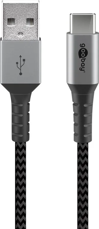 Cablu de date si incarcare USB type C 1m 3A gri/argintiu textil flexibil Goobay 49296