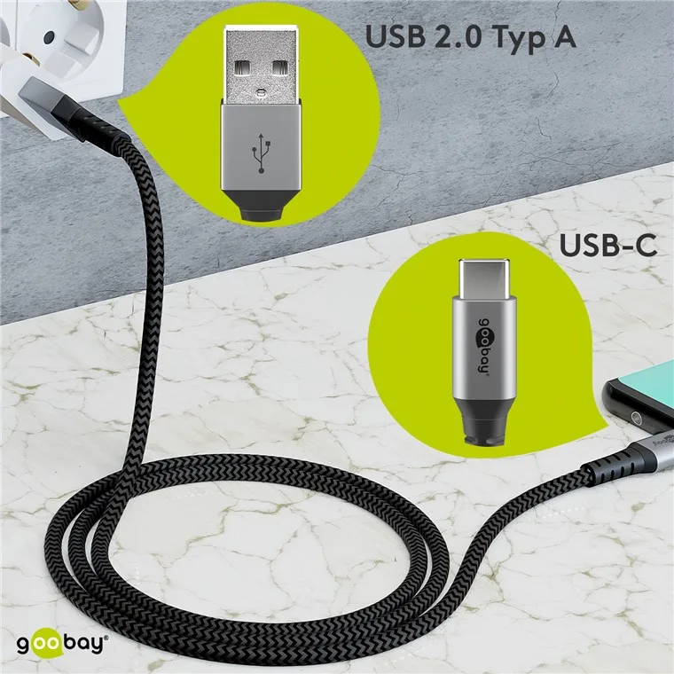 Cablu de date si incarcare USB type C 1m 3A gri/argintiu textil flexibil Goobay 49296 - imagine 9