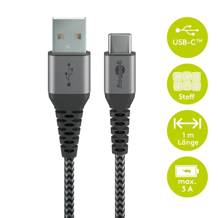 Cablu de date si incarcare USB type C 1m 3A gri/argintiu textil flexibil Goobay 49296 - imagine 4